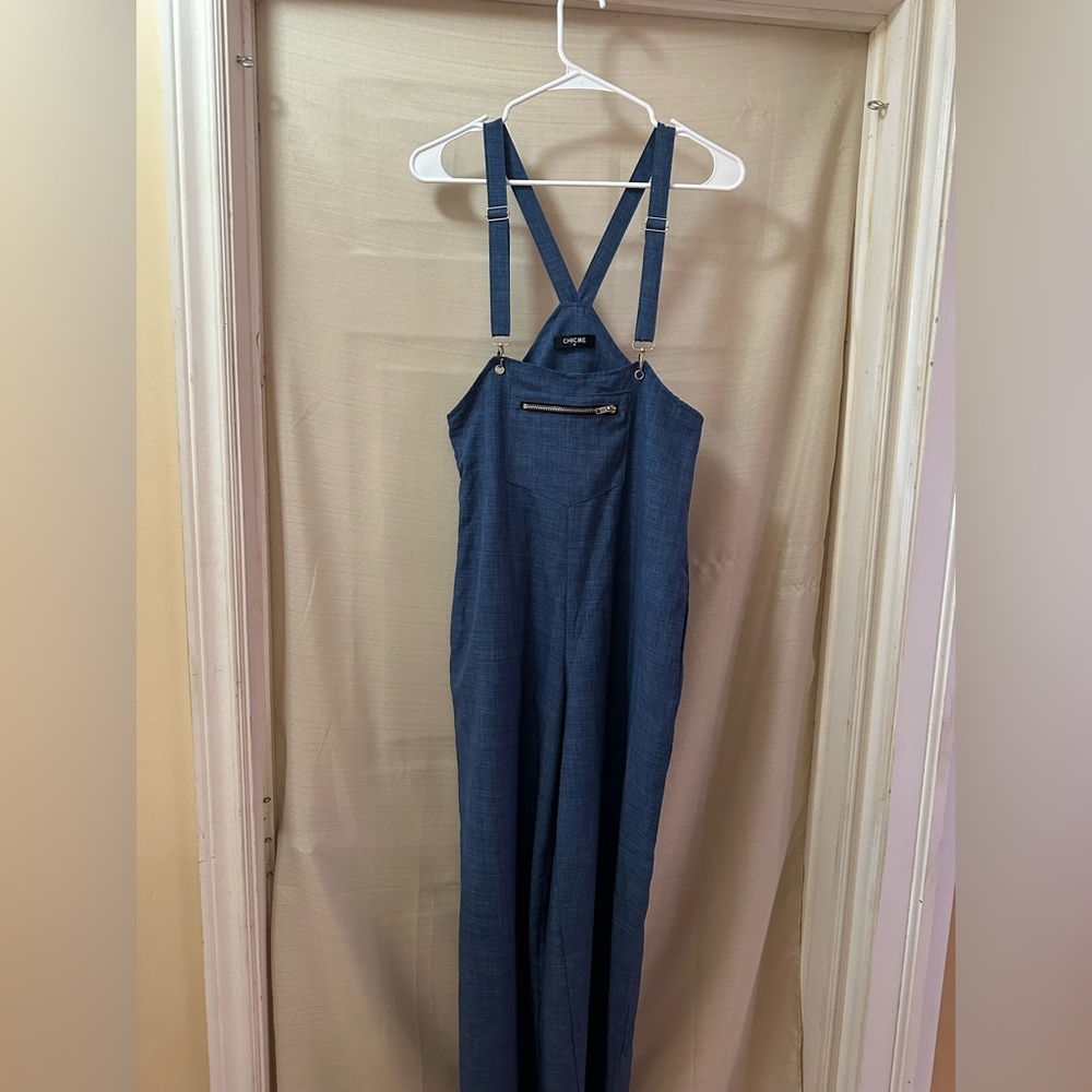 CHICME Blue Wide Leg Overall Jumpsuit Adjustable Straps Women’s M Side Zip